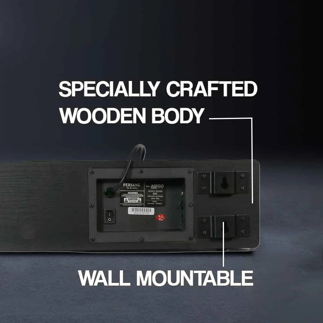 PERSANG Amigo Soundbar 140 Watts RMS | 2.1 CH Wooden Soundbar with in-Built Sub Woofer | Bluetooth 4.0 | Wall Mountable | Fully Function Remote Control | Component and Optical Input | AUX and CO Axial