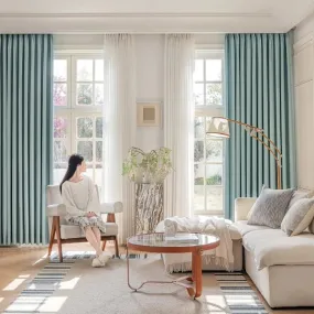 Priscilla Sky Blue Chenille Jacquard Blackout Thermal Custom Curtain