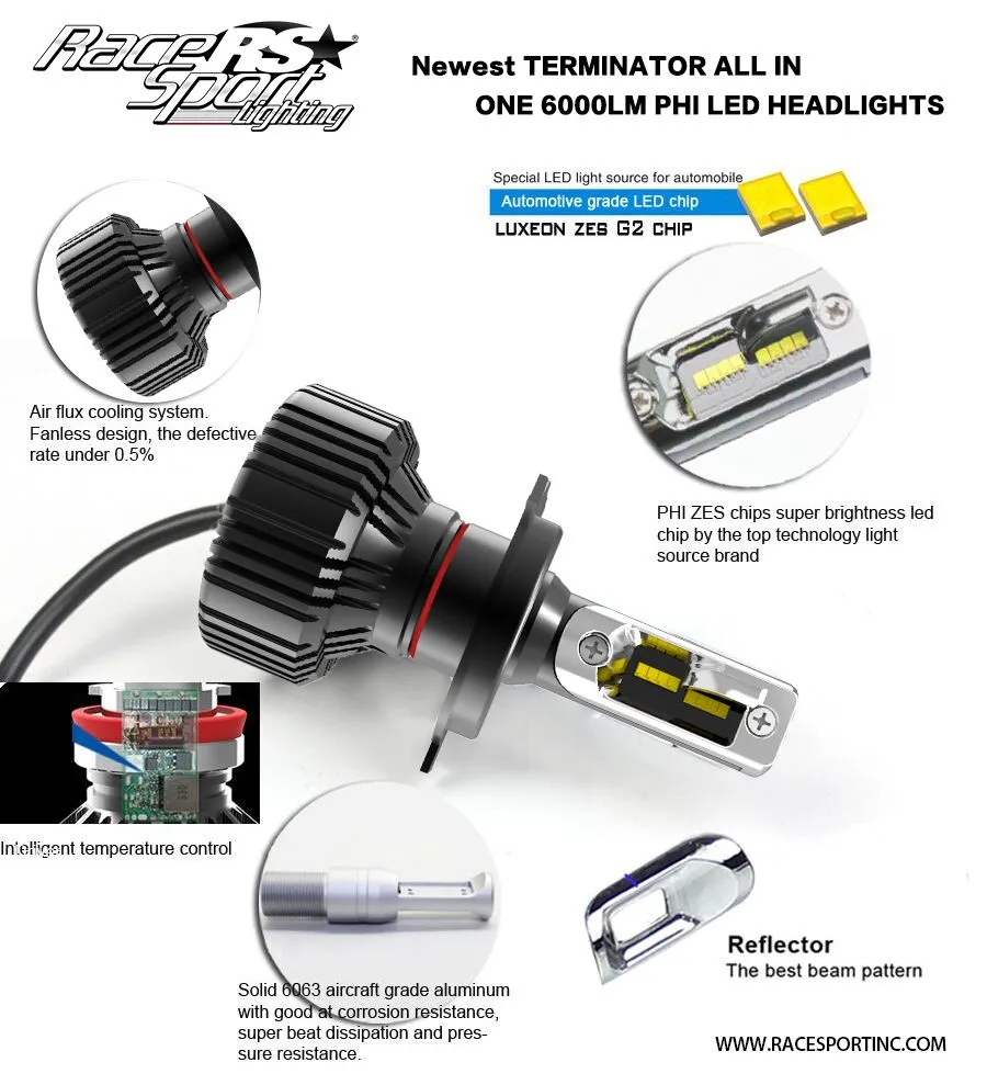Race Sport RS Lighting (H13 Fan-less LED Conversion Headlight Kit) Terminator Series H13TLED