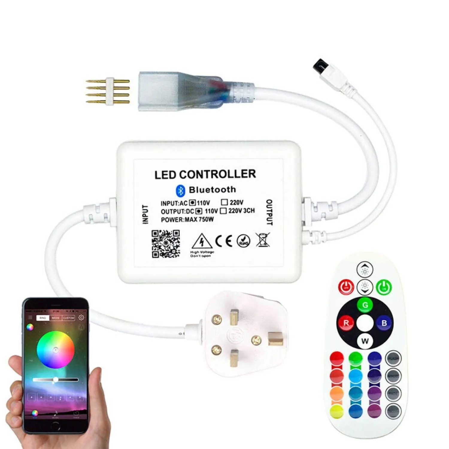 RGB LED Strip 120 LEDs/m 220V IP65 Wireless Bluetooth App Control with Remote