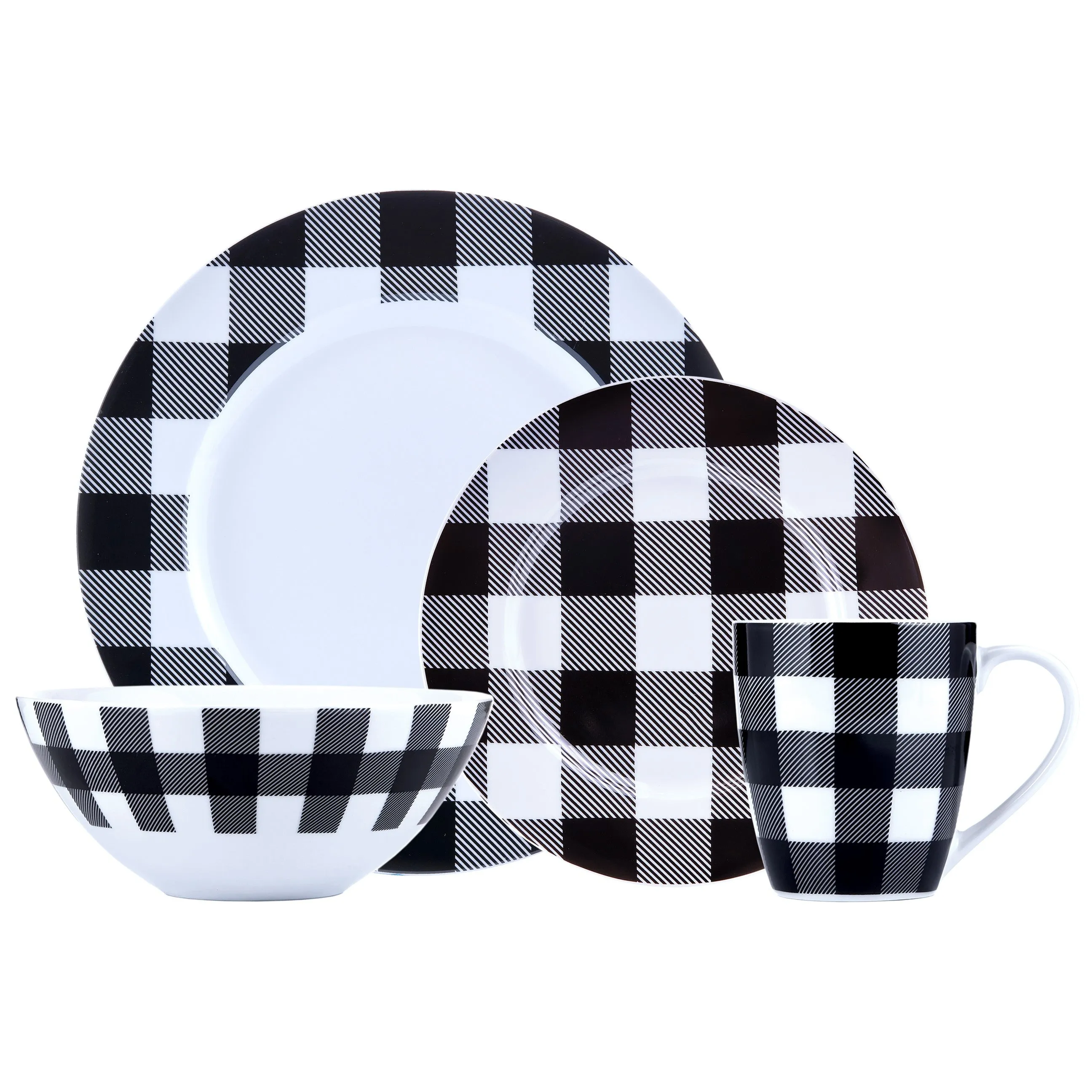 Safdie & Co. Dinnerset 16PC Buffalo Plaid White/Black