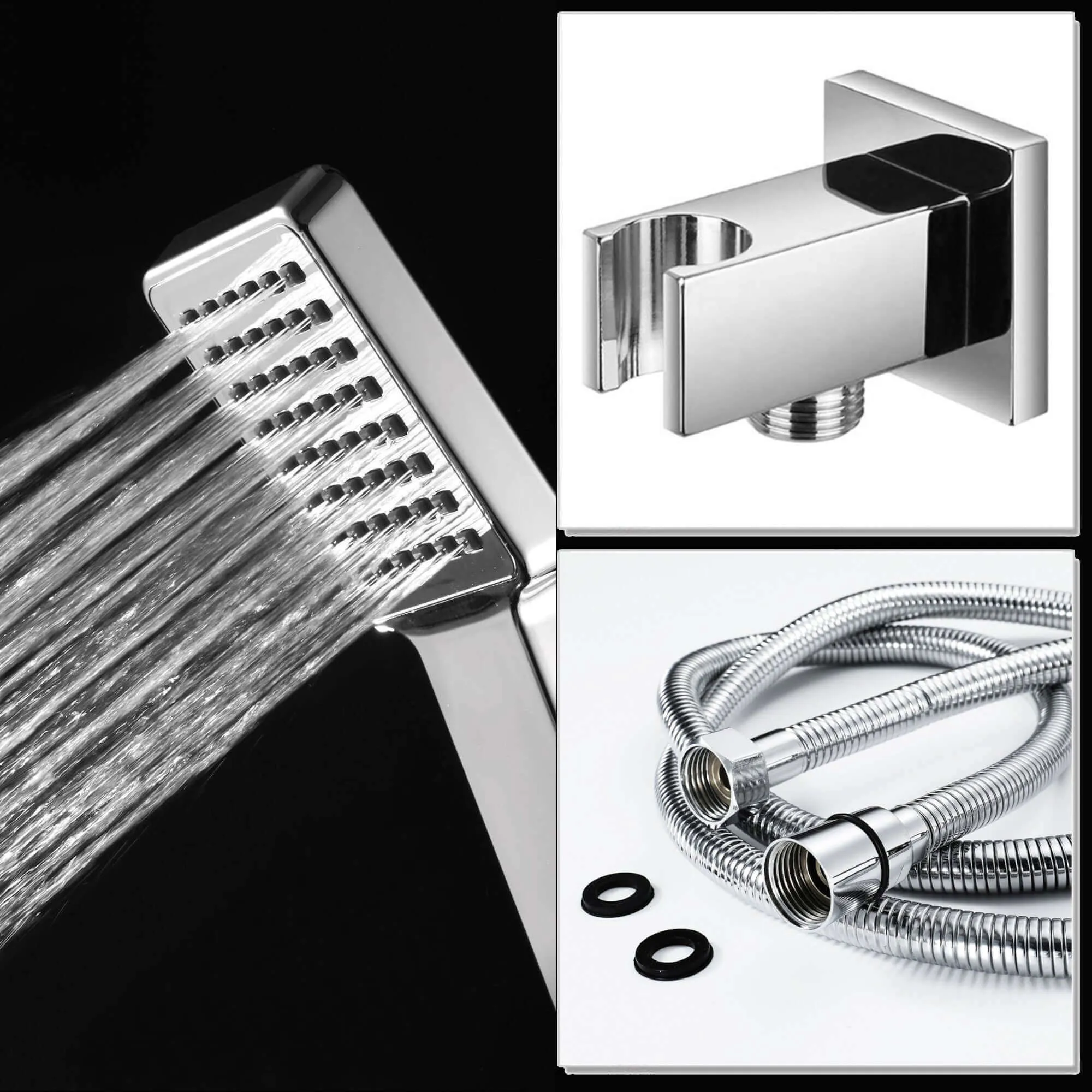 Square Paddle Hand Shower Kit incl. Hose and Wall Bracket with Outlet - Chrome