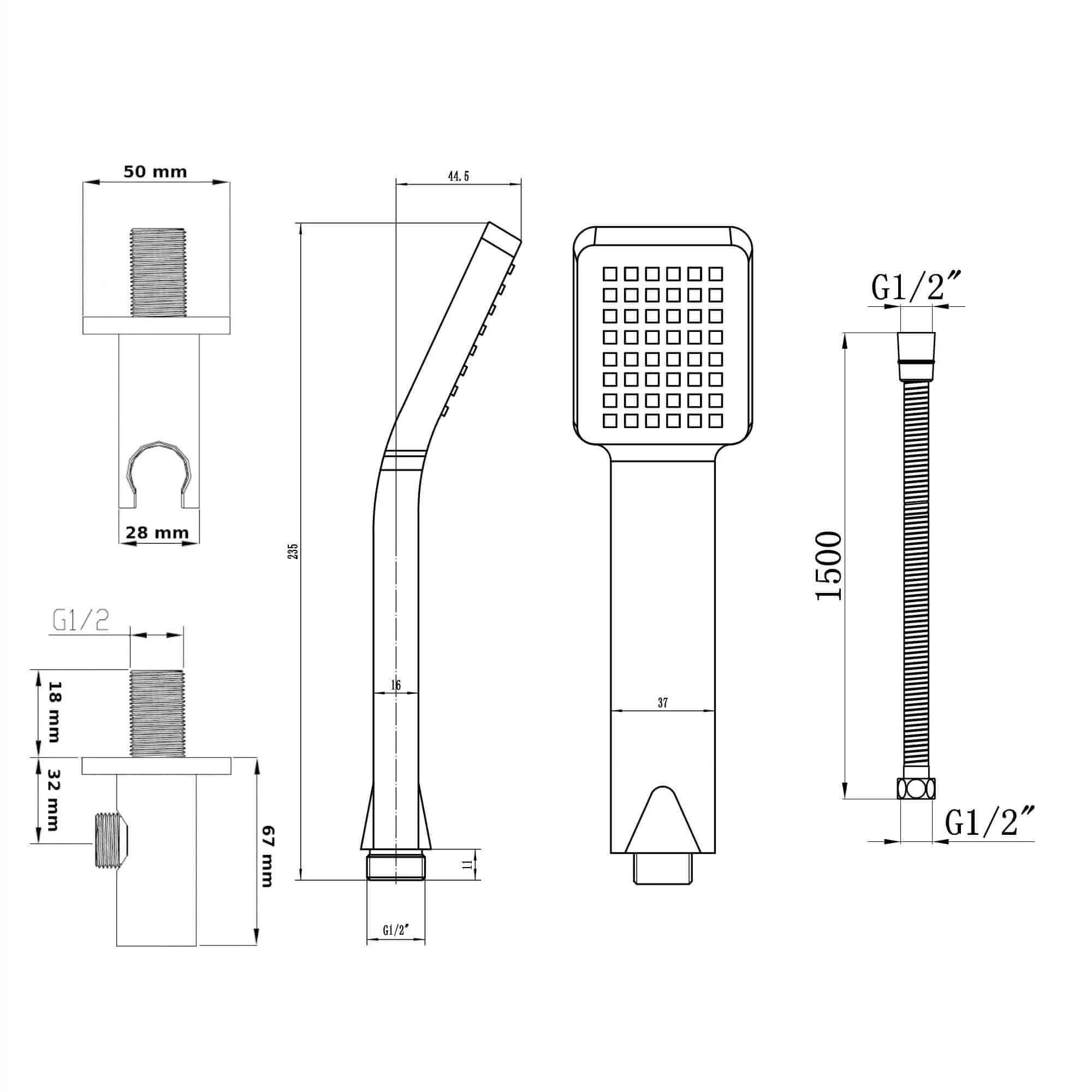 Square Paddle Hand Shower Kit incl. Hose and Wall Bracket with Outlet - Chrome