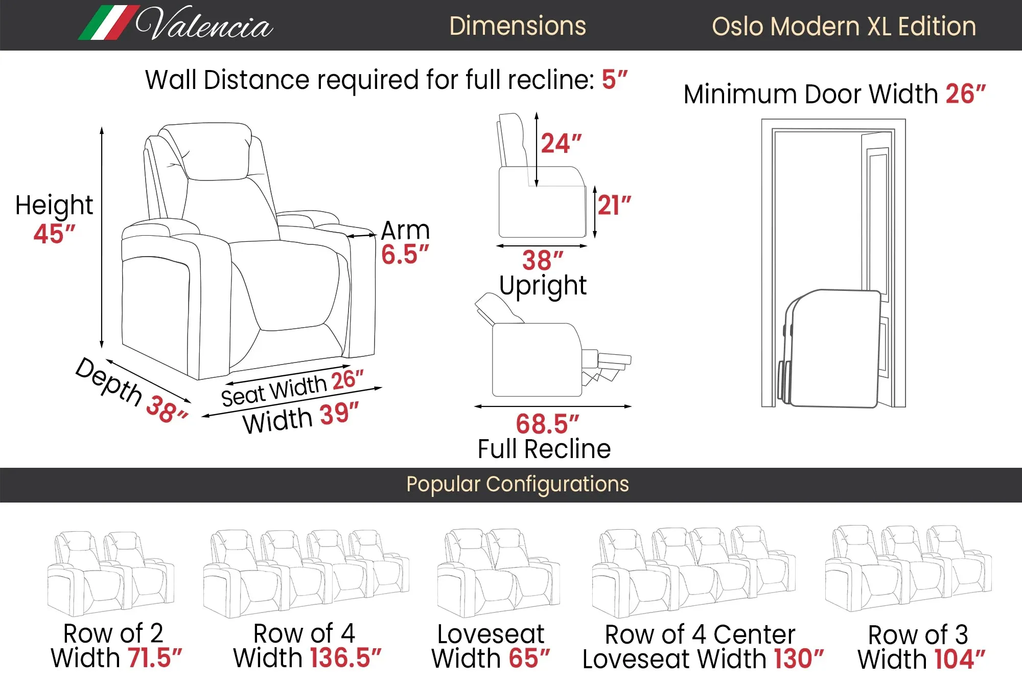 Valencia Oslo Modern XL Home Theater Seating Row of 3 Loveseat Left, Midnight Black