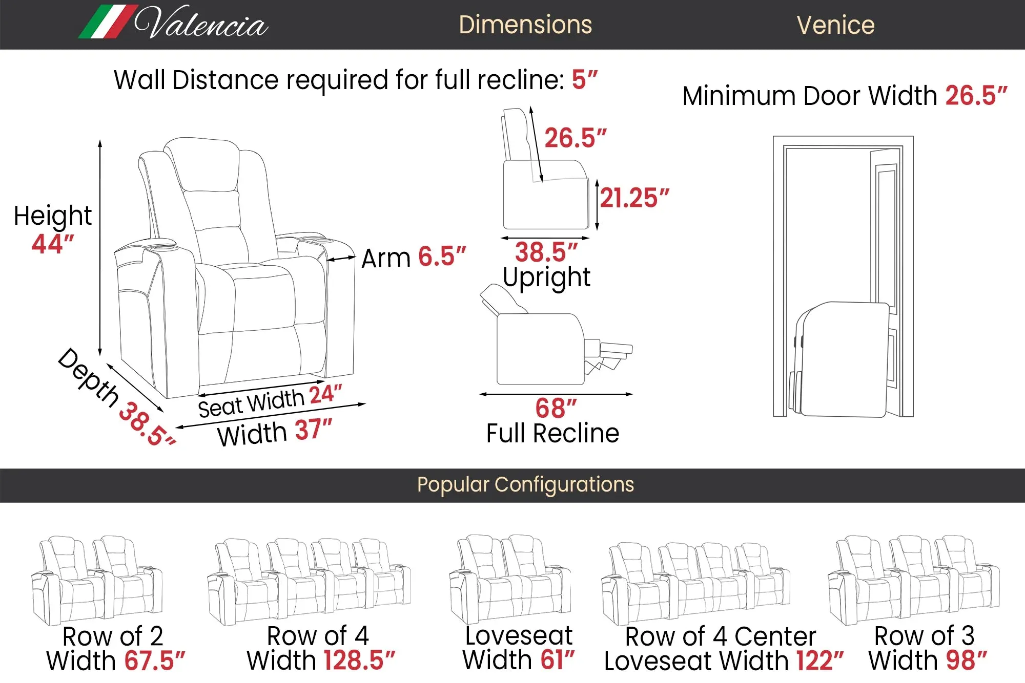 Valencia Venice Leather Home Theater Seating Row of 2 Loveseat, Black